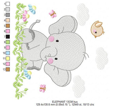 Elephant with bird embroidery designs - Safari Wild Animal machine embroidery pattern - Baby Boy file - Instant digital download pes jef dst