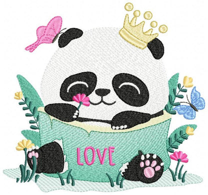Panda with crown embroidery design - King Animal with flowers embroidery designs machine embroidery pattern - Baby boy - Instant download