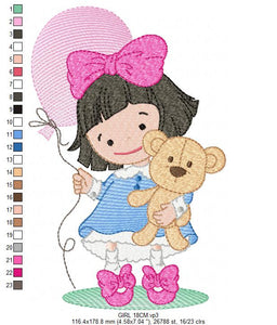 Baby girl embroidery designs - Girl with bear embroidery design machine embroidery - girl with balloon embroidery file - Children embroidery