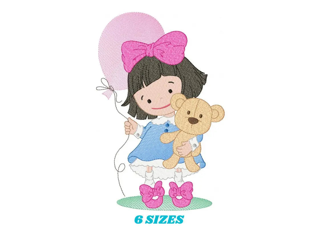Baby girl embroidery designs - Girl with bear embroidery design machine embroidery - girl with balloon embroidery file - Children embroidery Marcia Embroidery