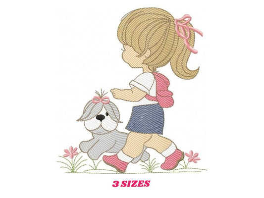 Girl embroidery designs - Dog embroidery design machine embroidery pattern - girl with dog embroidery file - student embroidery school girl