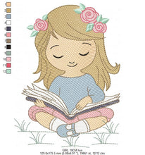 Laden Sie das Bild in den Galerie-Viewer, Girl embroidery designs - Reading embroidery design machine embroidery pattern - girl with book embroidery file - student embroidery school
