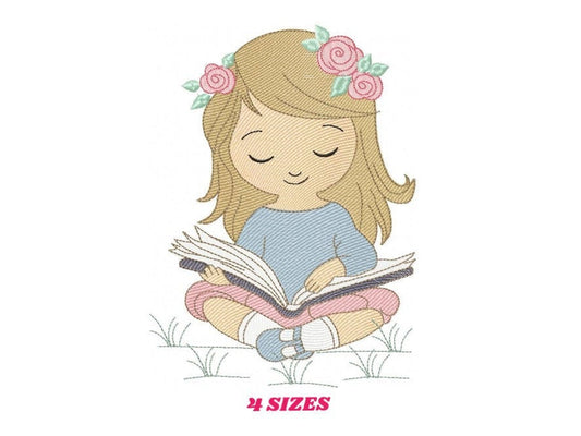 Girl embroidery designs - Reading embroidery design machine embroidery pattern - girl with book embroidery file - student embroidery school