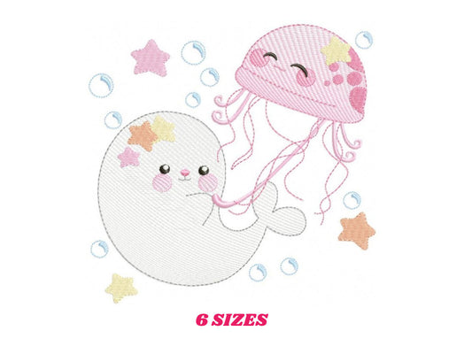 Jellyfish embroidery design - Seal embroidery designs machine embroidery pattern - Ocean animals embroidery file - instant digital download