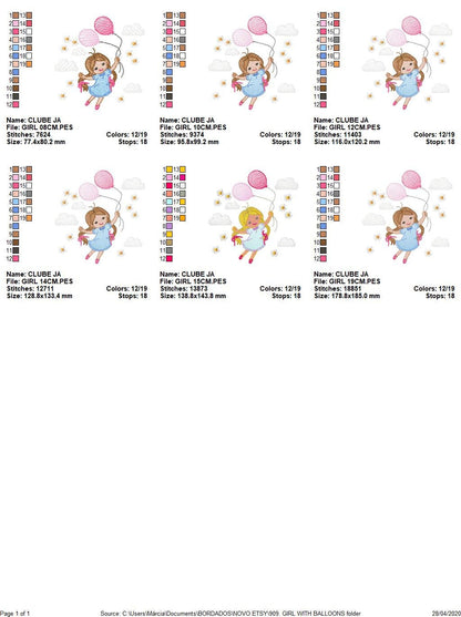 Baby girl embroidery designs - Toddler embroidery design machine embroidery pattern - girl with balloons embroidery file - kid embroidery