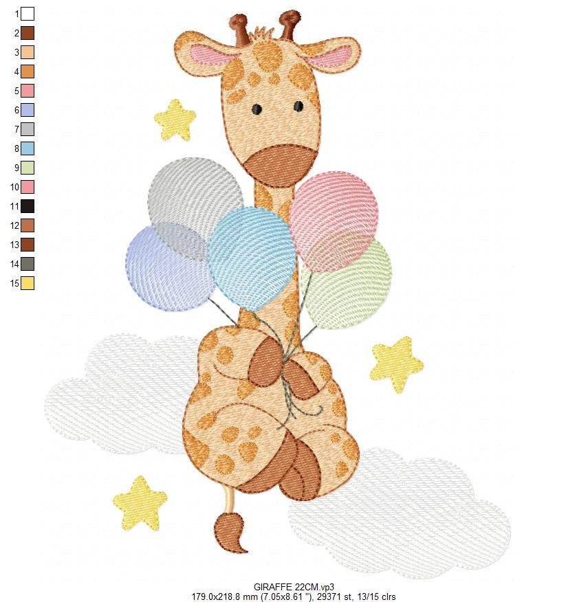 Giraffe embroidery design - Animal embroidery designs machine embroidery pattern - Baby girl embroidery file - Giraffe with balloons stars