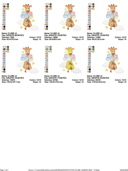 Giraffe embroidery design - Animal embroidery designs machine embroidery pattern - Baby girl embroidery file - Giraffe with balloons stars