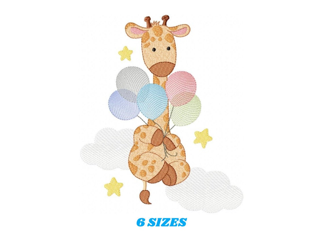 Giraffe embroidery design - Animal embroidery designs machine embroidery pattern - Baby girl embroidery file - Giraffe with balloons stars