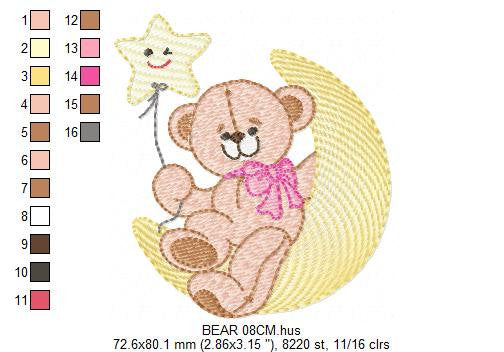 Teddy Bear embroidery designs - Baby Girl Bear with Moon and star machine embroidery pattern - Instant digital download pes je fdst hus vp3