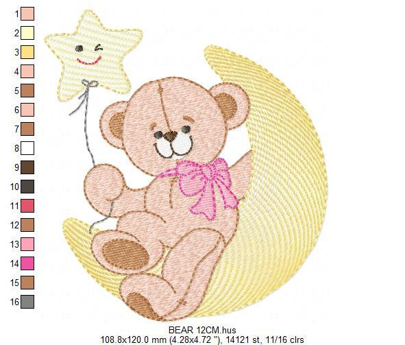 Teddy Bear embroidery designs - Baby Girl Bear with Moon and star machine embroidery pattern - Instant digital download pes je fdst hus vp3