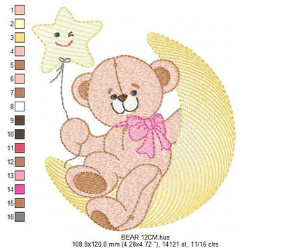 Teddy Bear embroidery designs - Baby Girl Bear with Moon and star machine embroidery pattern - Instant digital download pes je fdst hus vp3