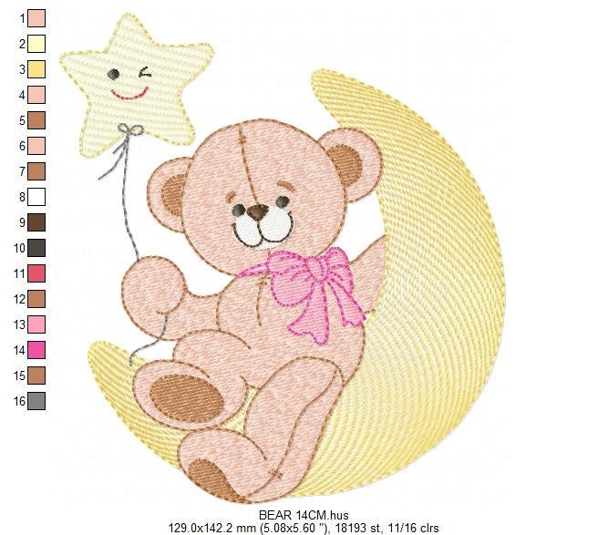 Teddy Bear embroidery designs - Baby Girl Bear with Moon and star machine embroidery pattern - Instant digital download pes je fdst hus vp3