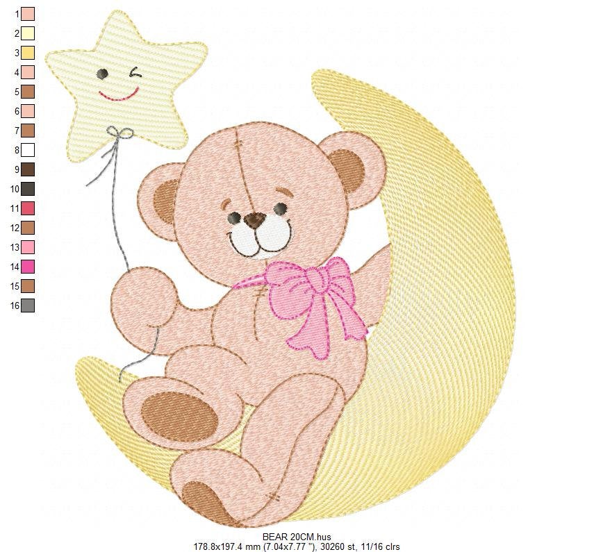 Teddy Bear embroidery designs - Baby Girl Bear with Moon and star machine embroidery pattern - Instant digital download pes je fdst hus vp3