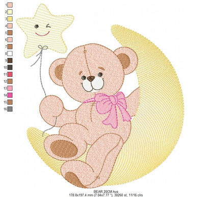 Teddy Bear embroidery designs - Baby Girl Bear with Moon and star machine embroidery pattern - Instant digital download pes je fdst hus vp3