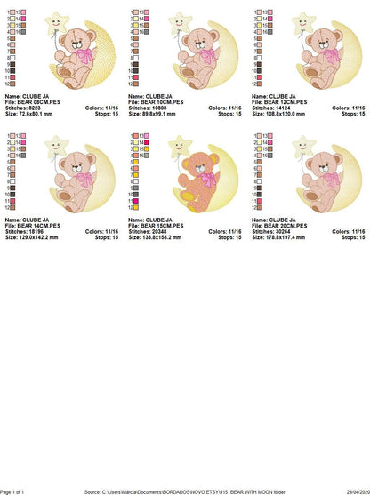 Teddy Bear embroidery designs - Baby Girl Bear with Moon and star machine embroidery pattern - Instant digital download pes je fdst hus vp3