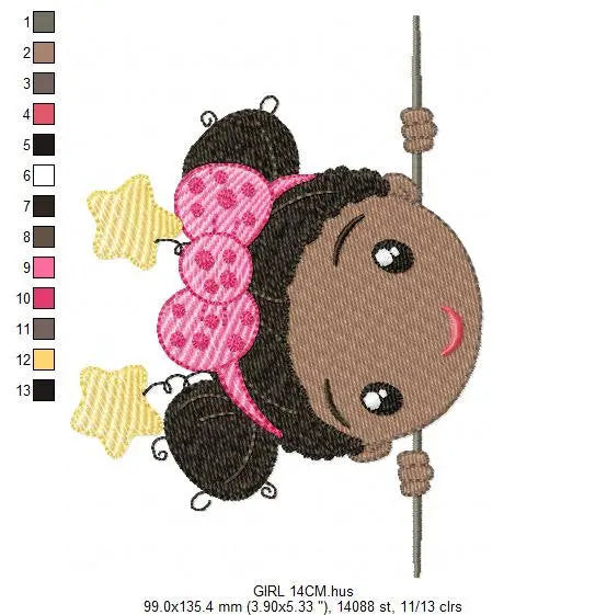 Peek a boo Curly black hair girl embroidery designs - Baby girl machine embroidery pattern - Girl with bow and stars - Instant download pes Marcia Embroidery