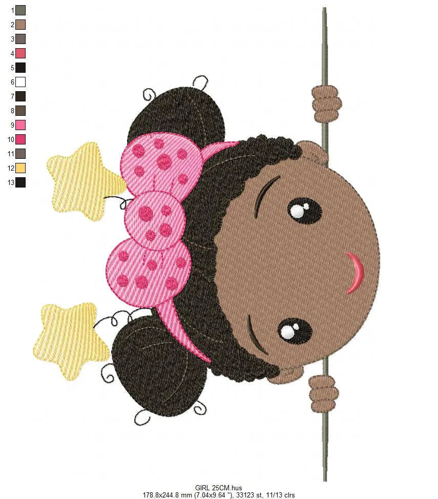Peek a boo Curly black hair girl embroidery designs - Baby girl machine embroidery pattern - Girl with bow and stars - Instant download pes Marcia Embroidery