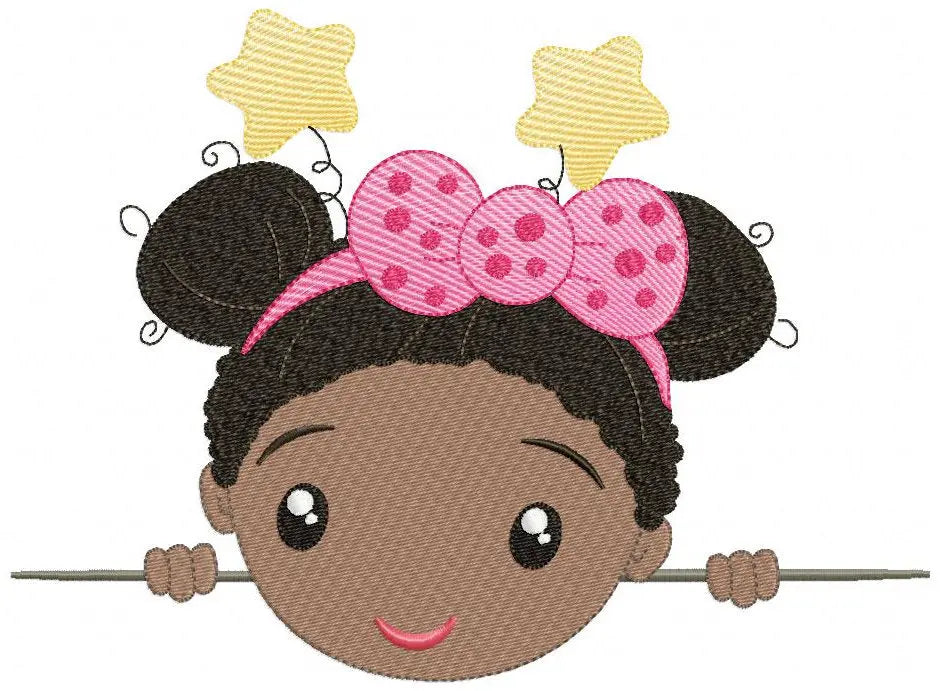 Peek a boo Curly black hair girl embroidery designs - Baby girl machine embroidery pattern - Girl with bow and stars - Instant download pes Marcia Embroidery