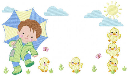 Baby boy with umbrella embroidery design - Duck family machine embroidery pattern - Boy with umbrella embroidery file - Instant download jef