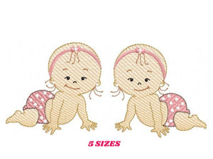 Baby girl embroidery design - Twin girls embroidery designs machine embroidery pattern - Toddler embroidery file - twin sisters download