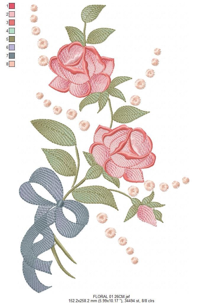 Roses wreath embroidery designs - Monogram embroidery design machine embroidery pattern - Tea towel embroidery - floral wreath of flowers