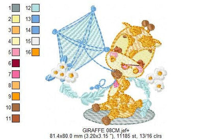 Giraffe embroidery design - Animal embroidery designs machine embroidery pattern - Baby boy embroidery file - Giraffe with kite kid children