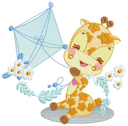 Giraffe embroidery design - Animal embroidery designs machine embroidery pattern - Baby boy embroidery file - Giraffe with kite kid children