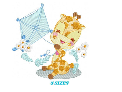 Giraffe embroidery design - Animal embroidery designs machine embroidery pattern - Baby boy embroidery file - Giraffe with kite kid children