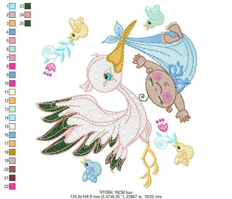 Stork embroidery design - Stork with baby embroidery design machine embroidery pattern - newborn embroidery file - Baby shower gift design Marcia Embroidery