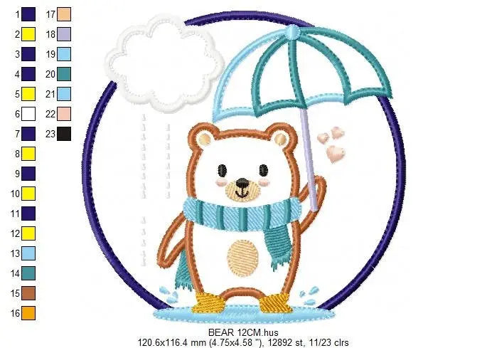 Bear with umbrella embroidery designs - Winter embroidery design machine embroidery pattern - Bear applique design - Instant download pes Marcia Embroidery