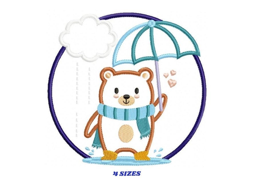 Bear with umbrella embroidery designs - Winter embroidery design machine embroidery pattern - Bear applique design - Instant download pes