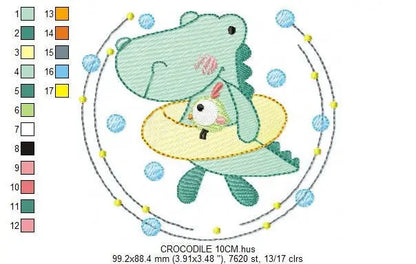 Swimming Crocodile embroidery design - Alligator with float ring machine embroidery pattern - Swimming class Swim ring - Instant download Marcia Embroidery