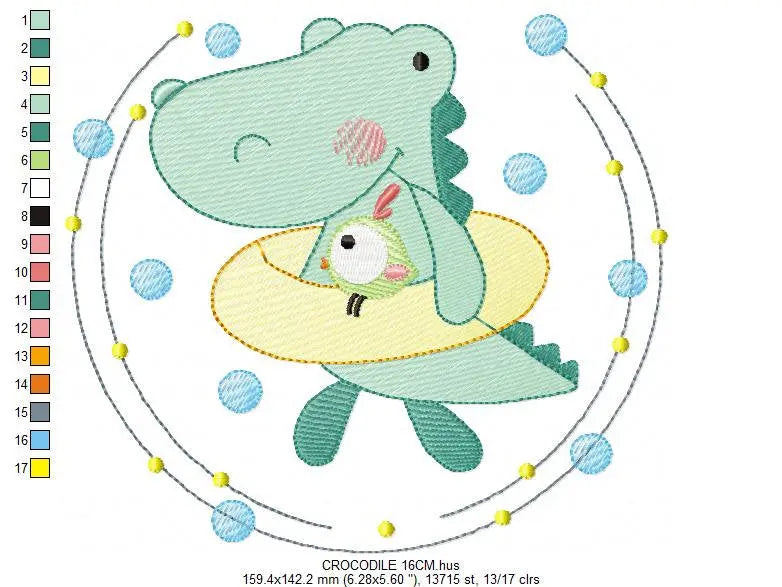 Swimming Crocodile embroidery design - Alligator with float ring machine embroidery pattern - Swimming class Swim ring - Instant download Marcia Embroidery