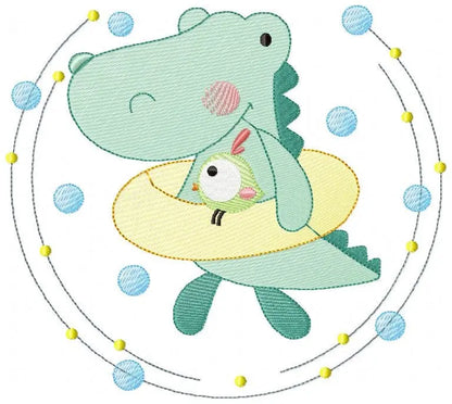Swimming Crocodile embroidery design - Alligator with float ring machine embroidery pattern - Swimming class Swim ring - Instant download Marcia Embroidery