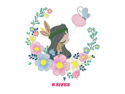 Indian Girl embroidery designs - Native-american with flower frame embroidery design machine embroidery pattern - baby girl embroidery file Marcia Embroidery