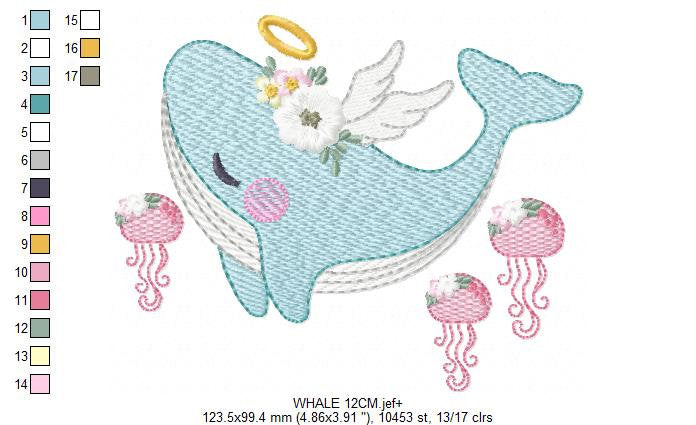 Whale embroidery designs - Animal embroidery design machine embroidery pattern - Whale with jellyfish embroidery file - instant download pes