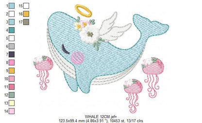 Whale embroidery designs - Animal embroidery design machine embroidery pattern - Whale with jellyfish embroidery file - instant download pes