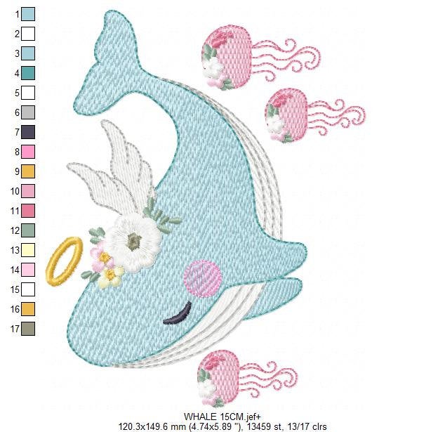 Whale embroidery designs - Animal embroidery design machine embroidery pattern - Whale with jellyfish embroidery file - instant download pes