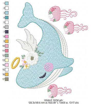 Whale embroidery designs - Animal embroidery design machine embroidery pattern - Whale with jellyfish embroidery file - instant download pes