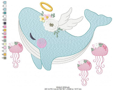 Whale embroidery designs - Animal embroidery design machine embroidery pattern - Whale with jellyfish embroidery file - instant download pes