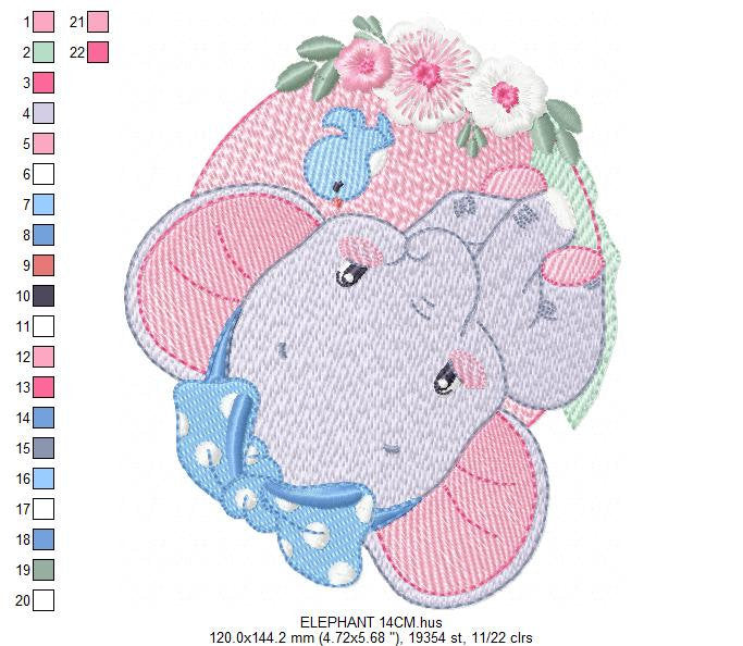 Elephant embroidery designs - Animal embroidery design machine embroidery pattern - Baby girl embroidery file - elephant with bird flowers