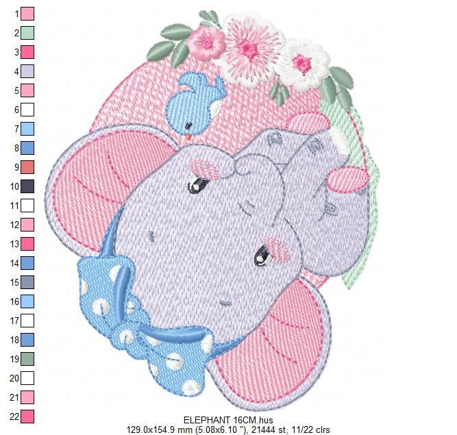 Elephant embroidery designs - Animal embroidery design machine embroidery pattern - Baby girl embroidery file - elephant with bird flowers