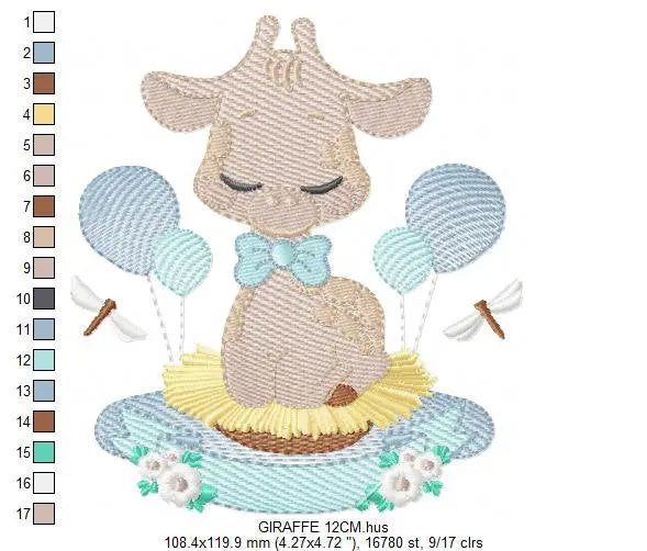 Giraffe with blue balloons embroidery design - Baby Animal with flowers embroidery designs machine embroidery pattern - Instant download pes Marcia Embroidery