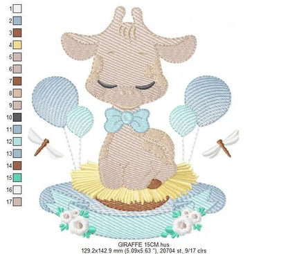 Giraffe with blue balloons embroidery design - Baby Animal with flowers embroidery designs machine embroidery pattern - Instant download pes Marcia Embroidery