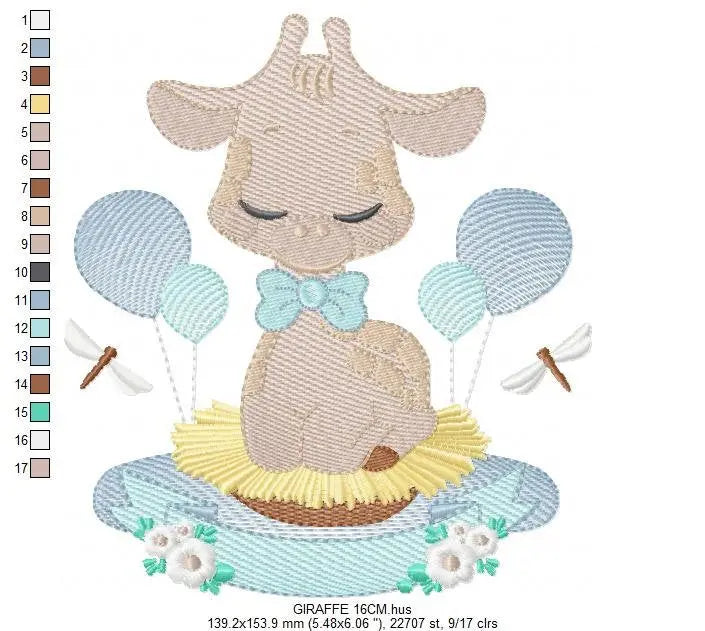 Giraffe with blue balloons embroidery design - Baby Animal with flowers embroidery designs machine embroidery pattern - Instant download pes Marcia Embroidery