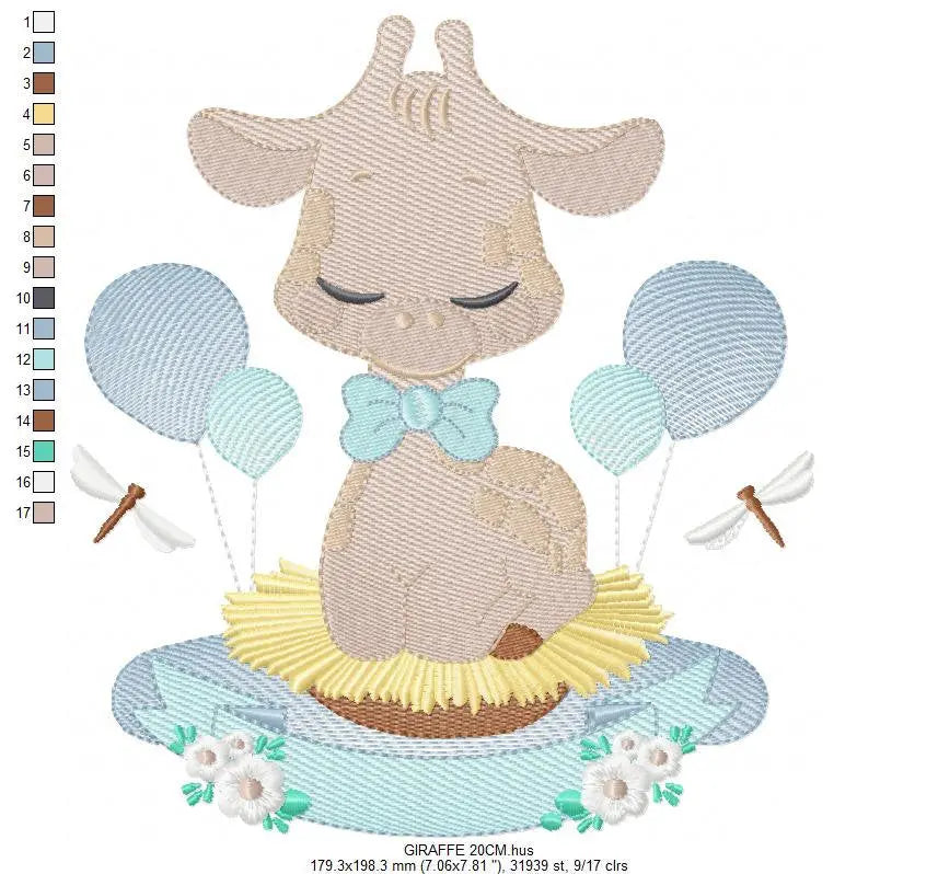 Giraffe with blue balloons embroidery design - Baby Animal with flowers embroidery designs machine embroidery pattern - Instant download pes Marcia Embroidery