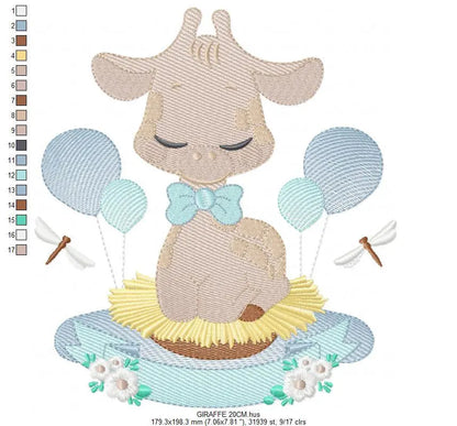 Giraffe with blue balloons embroidery design - Baby Animal with flowers embroidery designs machine embroidery pattern - Instant download pes Marcia Embroidery
