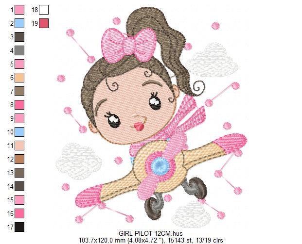 Girl Pilot embroidery designs - Plane embroidery design machine embroidery pattern - Baby girl embroidery file - instant download sky clouds
