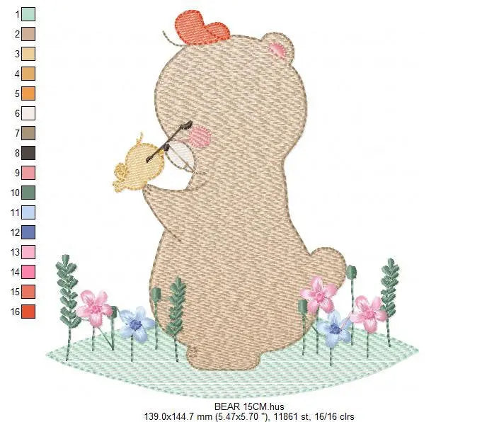 Bear with bird embroidery designs - Baby girl embroidery design machine embroidery pattern - Bear with flowers embroidery - instant download Marcia Embroidery