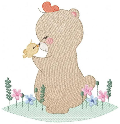 Bear with bird embroidery designs - Baby girl embroidery design machine embroidery pattern - Bear with flowers embroidery - instant download Marcia Embroidery